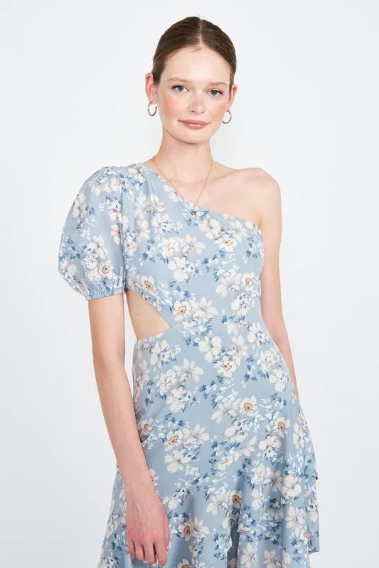 Blue Floral One Shoulder Dress