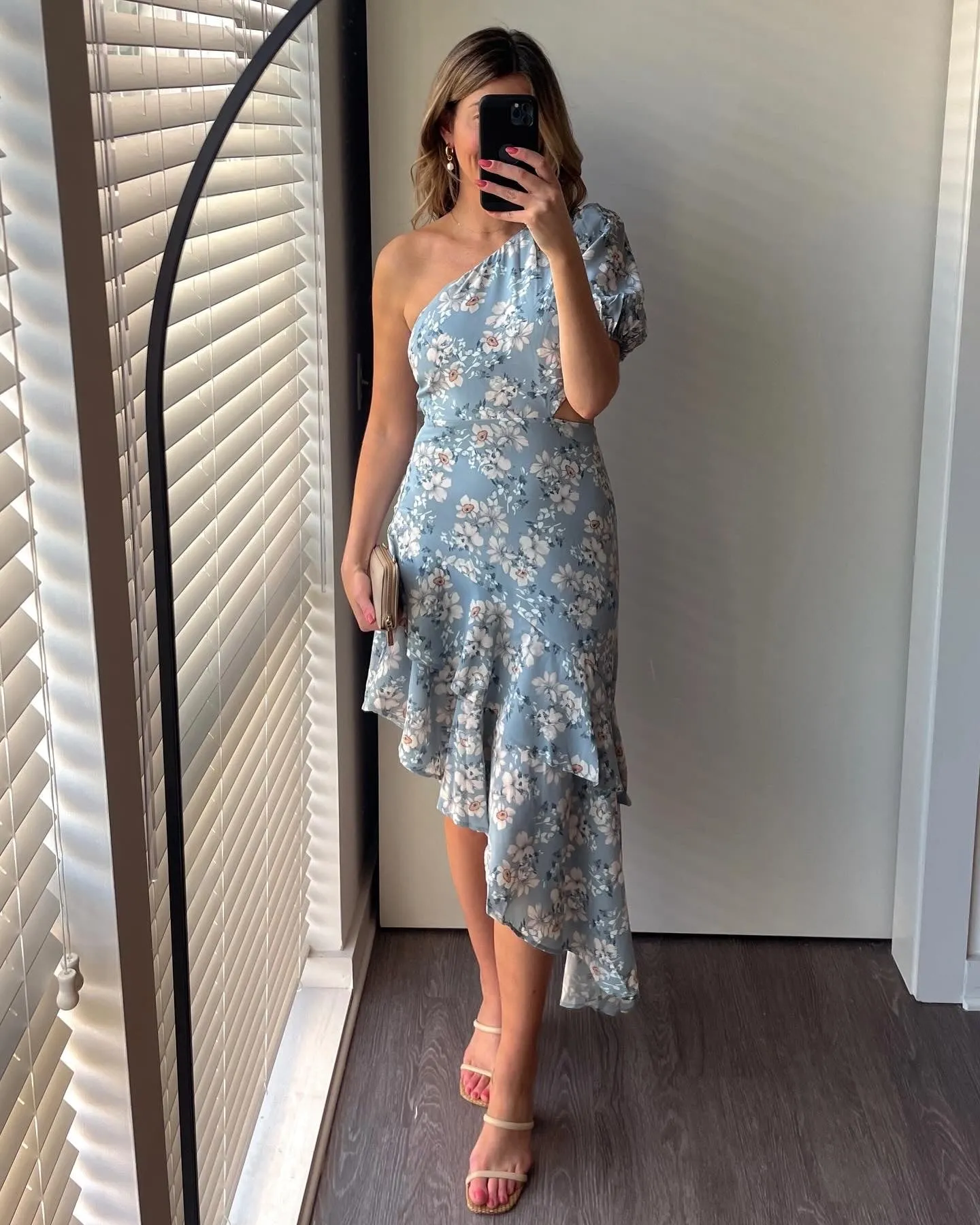 Blue Floral One Shoulder Dress