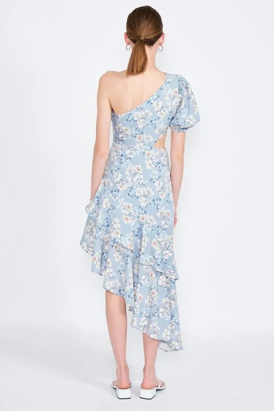 Blue Floral One Shoulder Dress