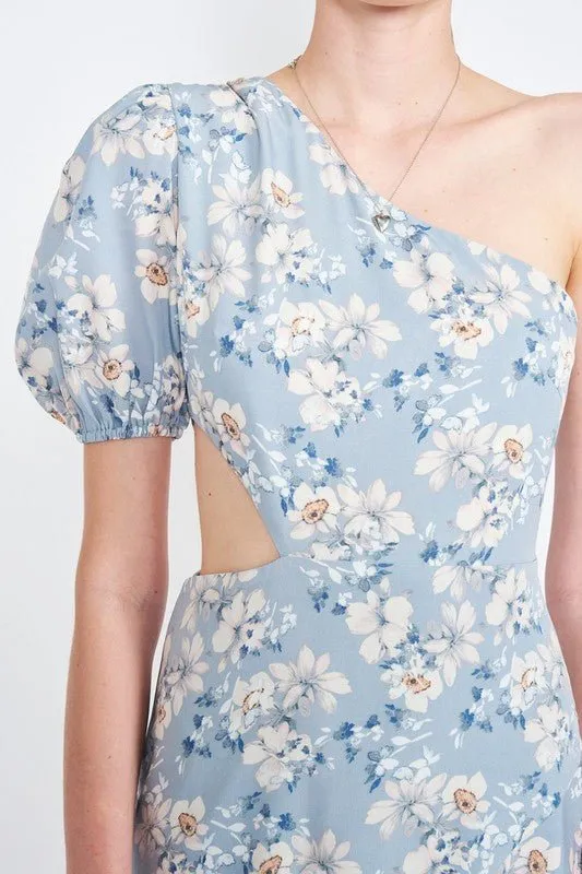 Blue Floral One Shoulder Dress