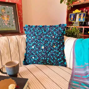 Lambani Blue Mirrorwork Cushion Cover