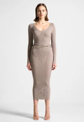 Ribbed Knit Midaxi Dress with Chain Belt - Taupe