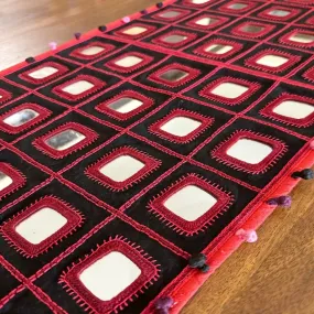 Table Runner In Red & Black With Mirror And Threadwork | Eco Friendly Sustainable Embroidered Tableware | Handmade In India